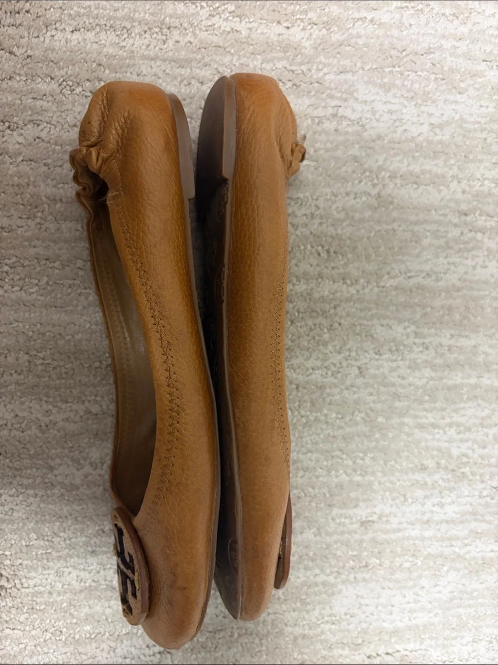 Tory Burch Tan Reva With Leather Logo Ballet Flats